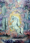 Licorne blanche dans les bois touffus, aux couleurs tendres.
