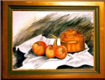 Nature morte, pichet en cuivre et pommes.