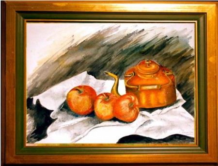 Nature morte, pichet en cuivre et pommes.